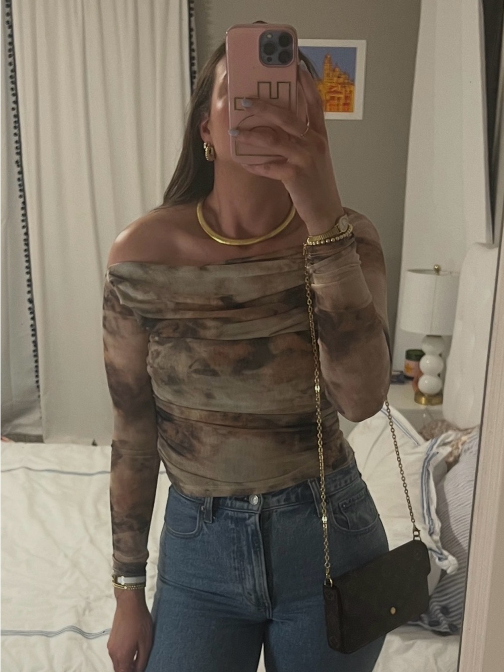 Cider Off-Shoulder Tie-Dye Long Sleeve Top - Brown & Cream
